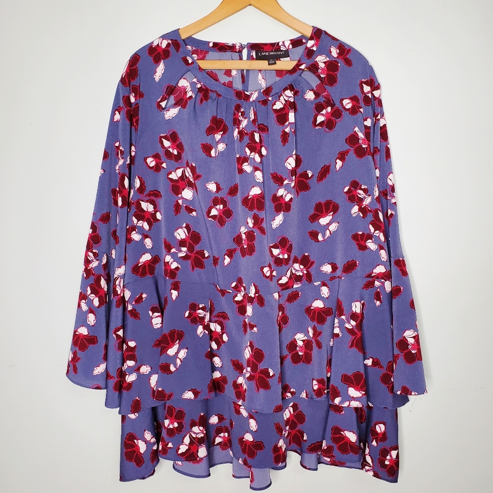 Lane Bryant Polyester Blue & Red Floral Printed Tiered Bell Sleeve 26